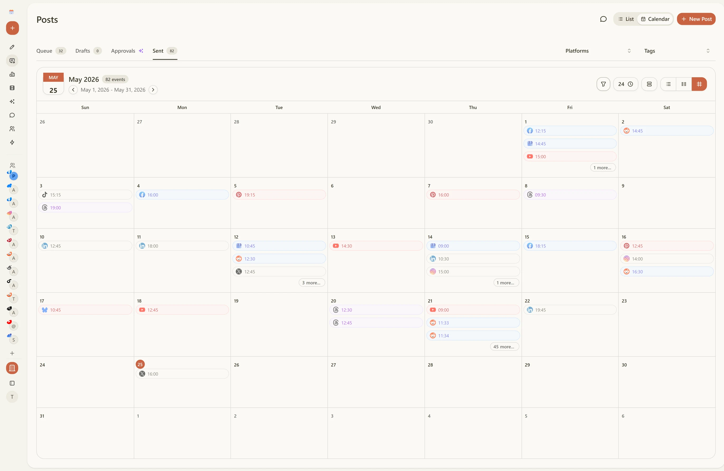 Schedulin calendar showing scheduled posts across Instagram, TikTok, LinkedIn, Threads, X, and Bluesky