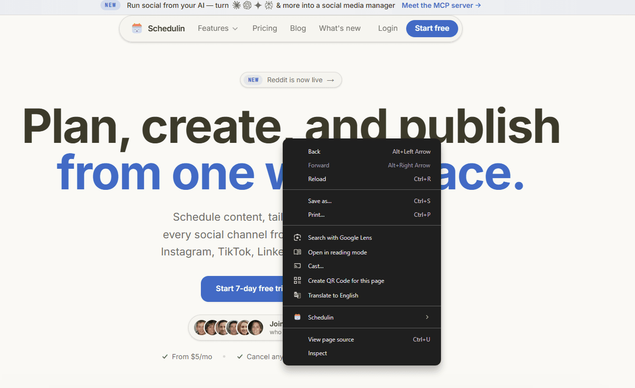 Right-click any page to send it to Schedulin from the Chrome extension