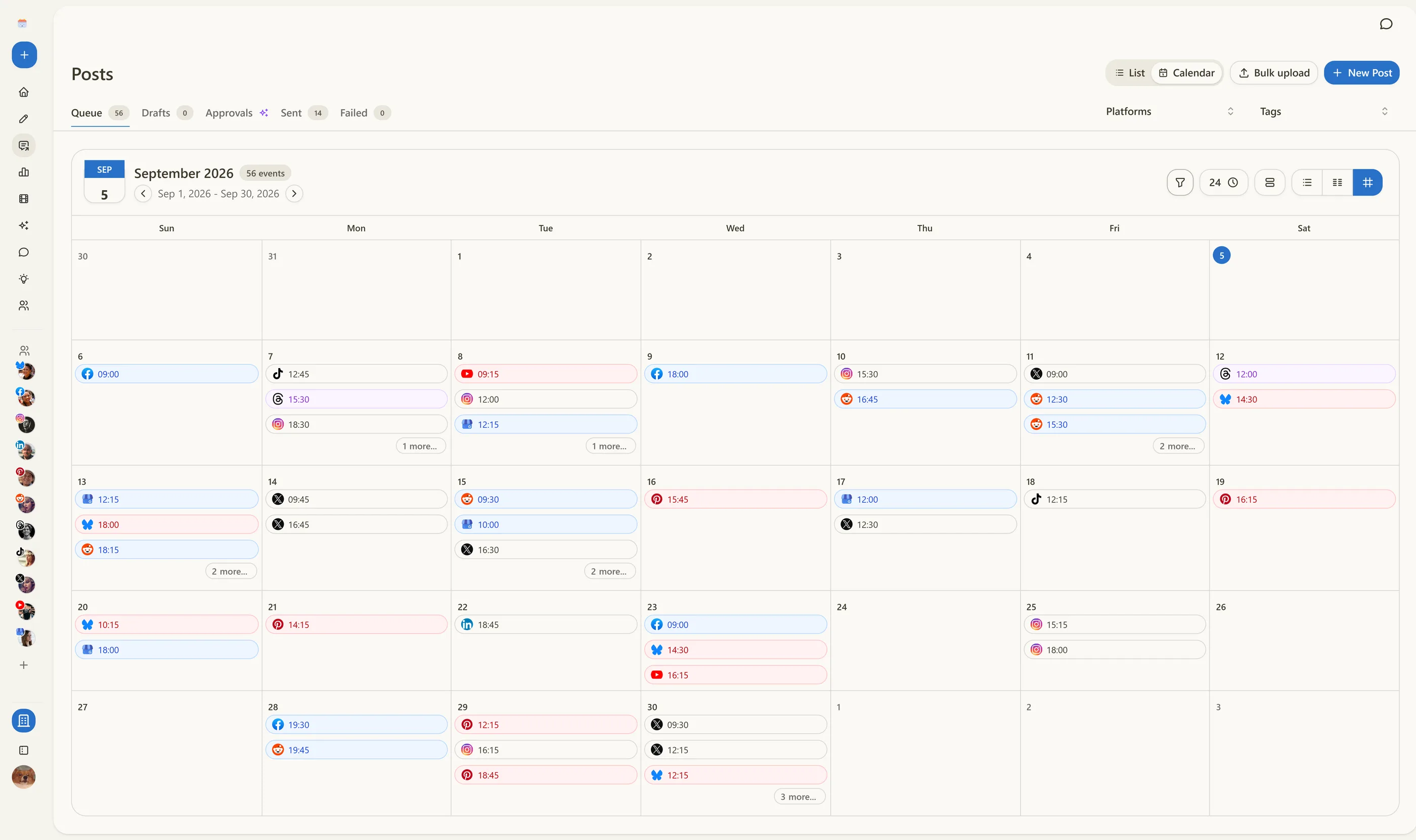 Schedulin calendar showing scheduled posts across Instagram, TikTok, LinkedIn, Threads, X, and Bluesky